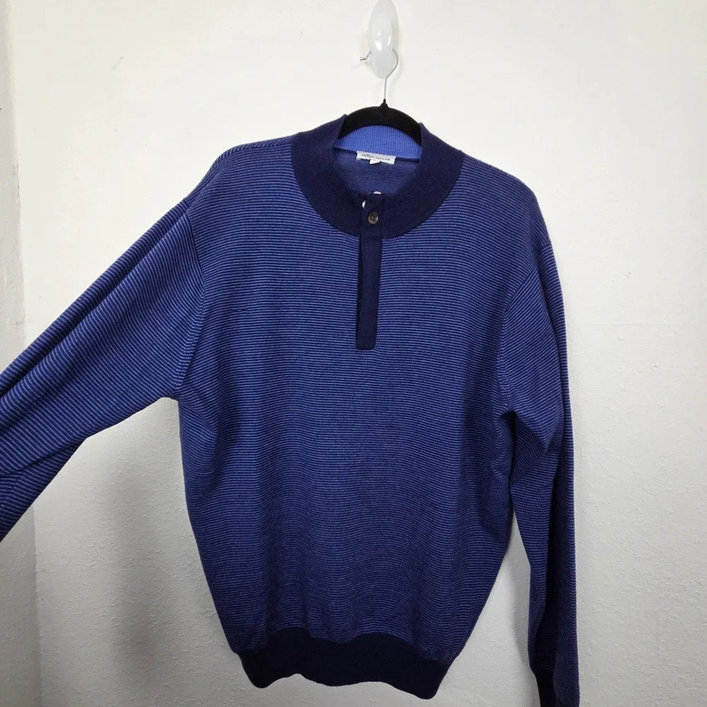 Peter Millar Sweater Mens L Blue Striped‎ Merino Wool Henley Pullover RN100308